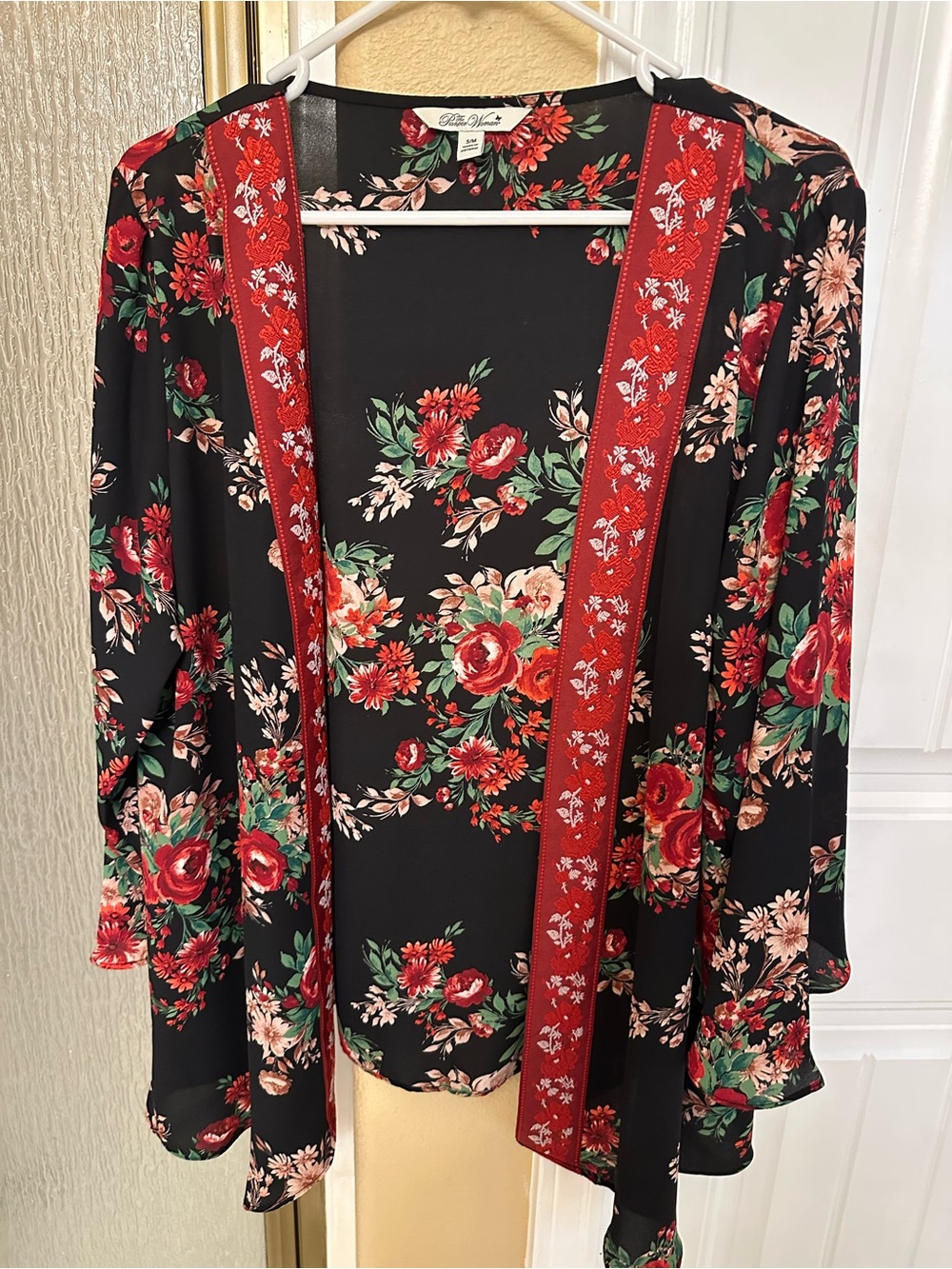 Pioneer woma Black Floral Kimono with Red Trim